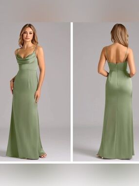 NWT Azazie Aimee Pistachio Stretch Satin Cowl Neck Maxi Dress